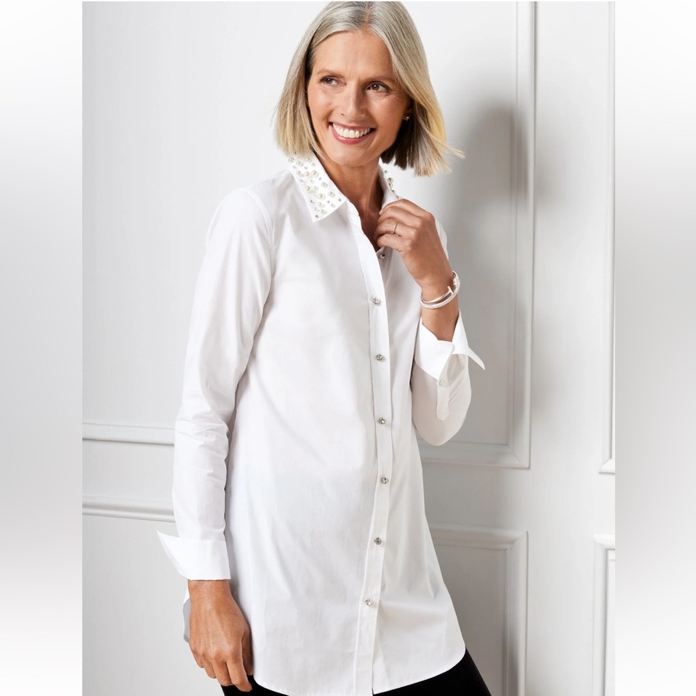 Talbots Embellished Boyfriend Shirt Solid White Button Down Long Sleeve Size LP